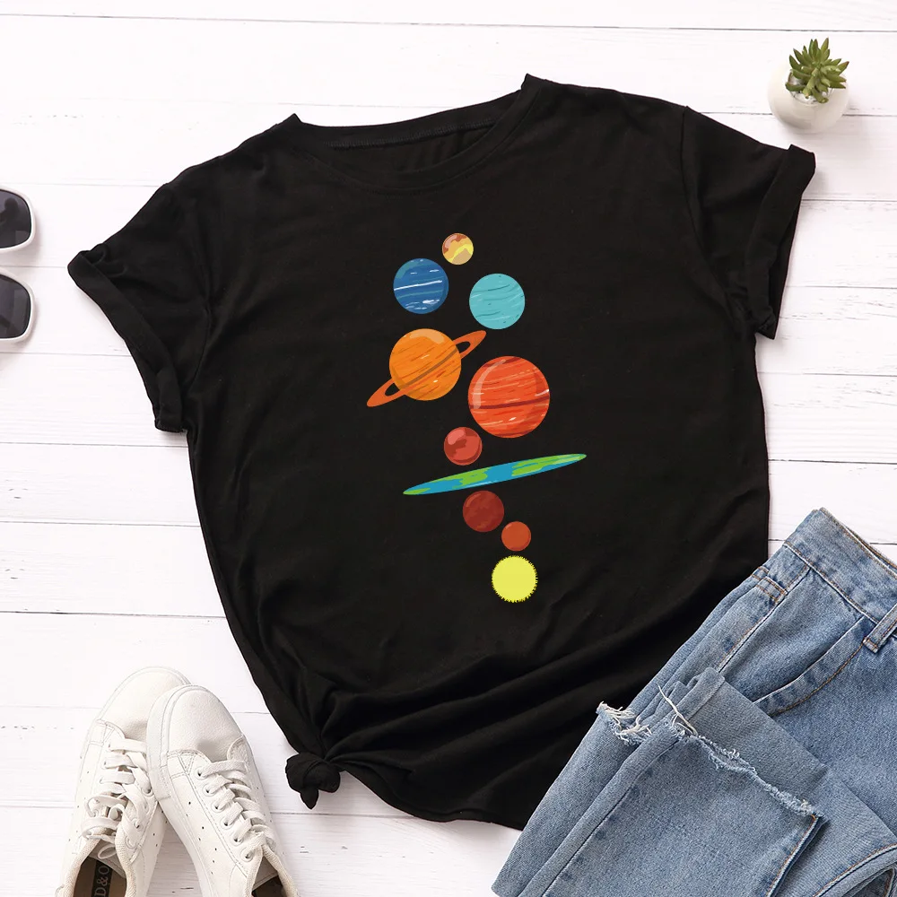 JFUNCY Women T Shirt New Planet Print T-shirts Female Short Sleeve Cotton Tees Tops Woman Summer Tshirt