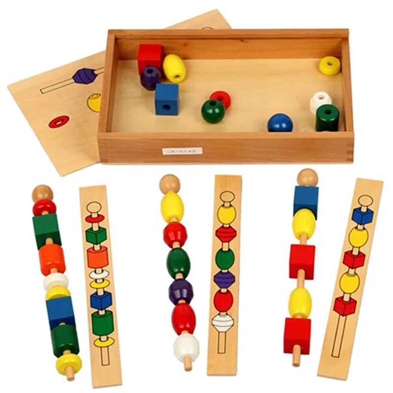 Montessori Educational Games Colorful Shape Stick Bead  Set Blocks Wooden Toys for Children Baby Brinquedo