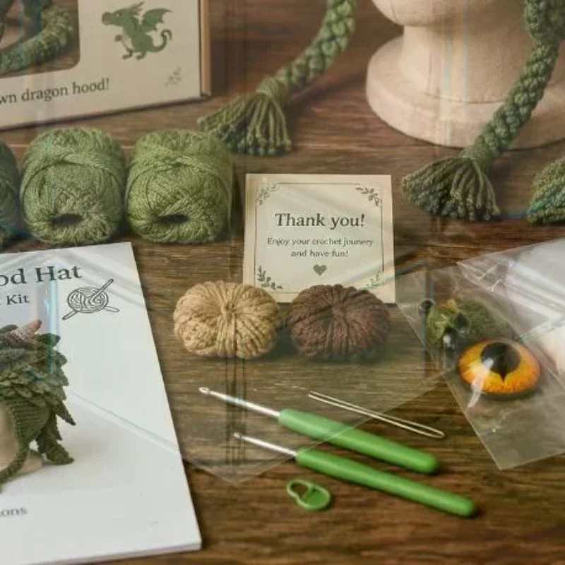 Fantasy Hood Hat DIY Crochet Kit Beginner Animal Earflap Warm | 5 Styles Dragon Frog Fox Wolf Rainbow Complete Set Yarn Hooks