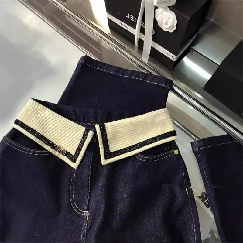 Pop primavera nova moda feminina calças jeans com design exclusivo gola cintura diariamente versátil denim calças de perna larga denim chão pant