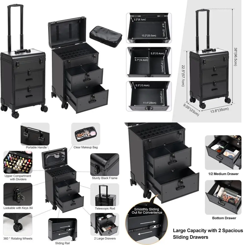 Maletín de Maquillaje Rodante 3 en 1 con Ruedas, 2 Cajones, Organizador de Belleza Portátil para Profesionales y Viajes