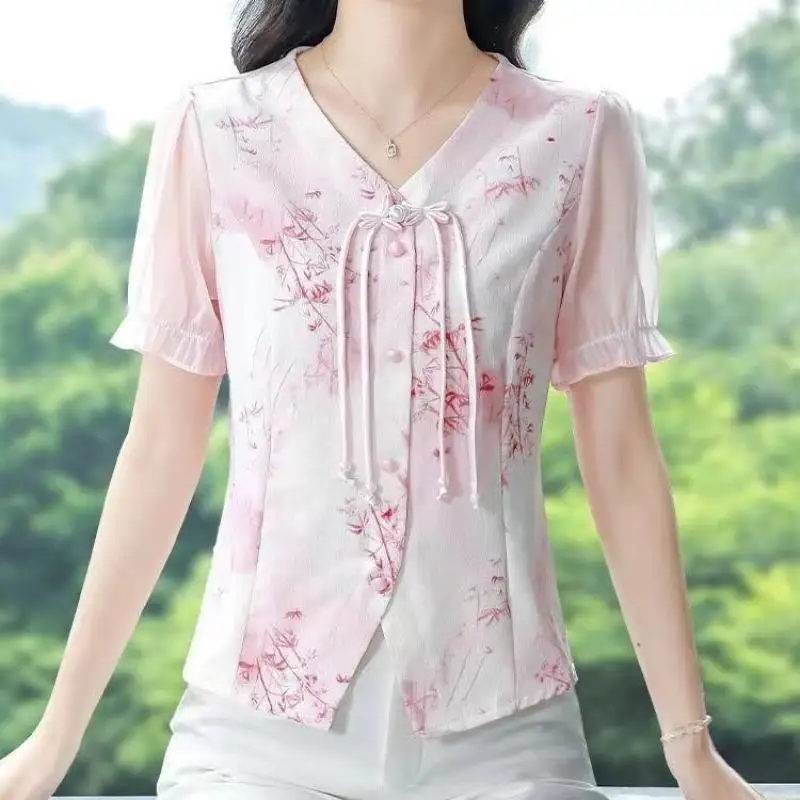 Elegant Fashion Spliced Blouse Women\'s Clothing Summer Female V Neck All-match Short Sleeve Printing Shirt