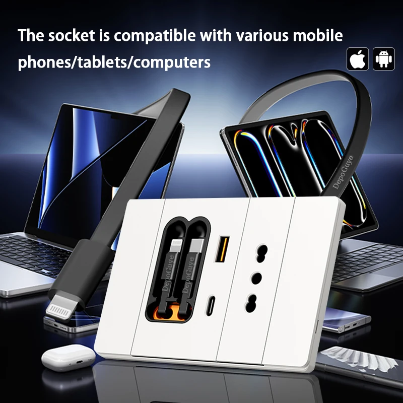 Italy US Thai Universal 20W Fast Charging USB Socket with Charging Cable Smart Home Bedside Mobile Phone Charging Type-c Socket