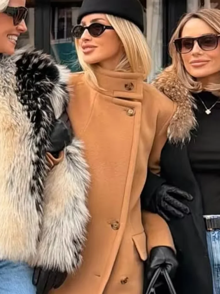 

Women Elegant Stand Collar Woolen Overcoat Casual Single Breasted Full Sleeve Pocket Midi Coat Lady Winter Daily Street Coats