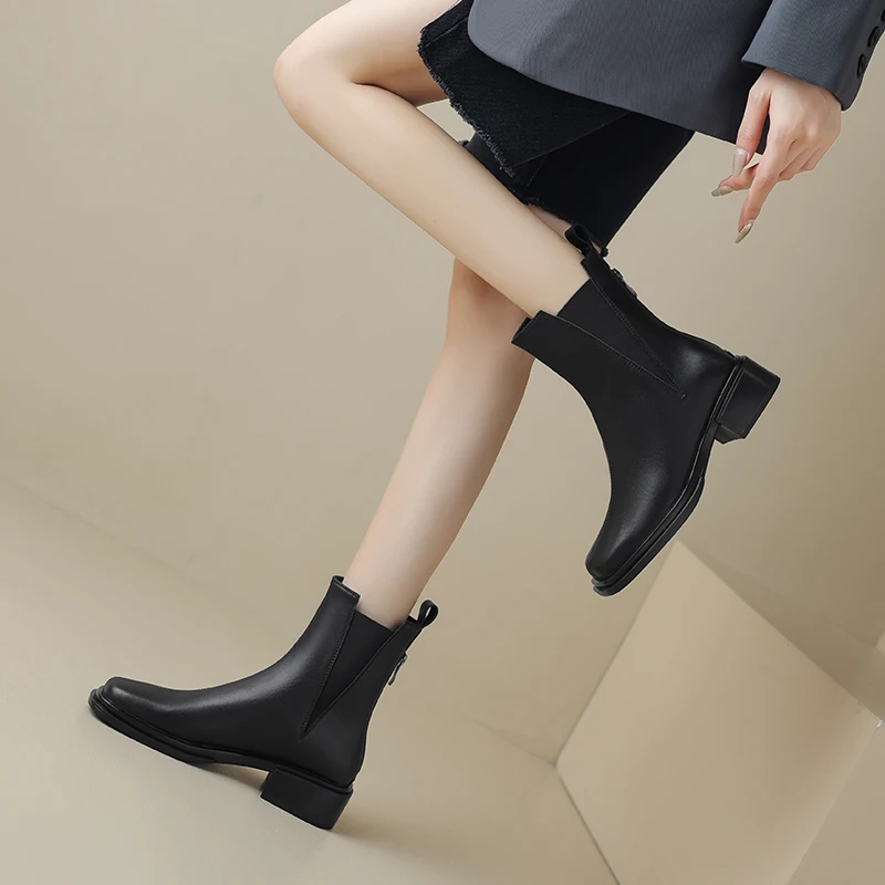 2023 new Autumn winter Women ankle boots natural leather 22-25cm cowhide+pigskin modern boots square toe back zip chelsea boots