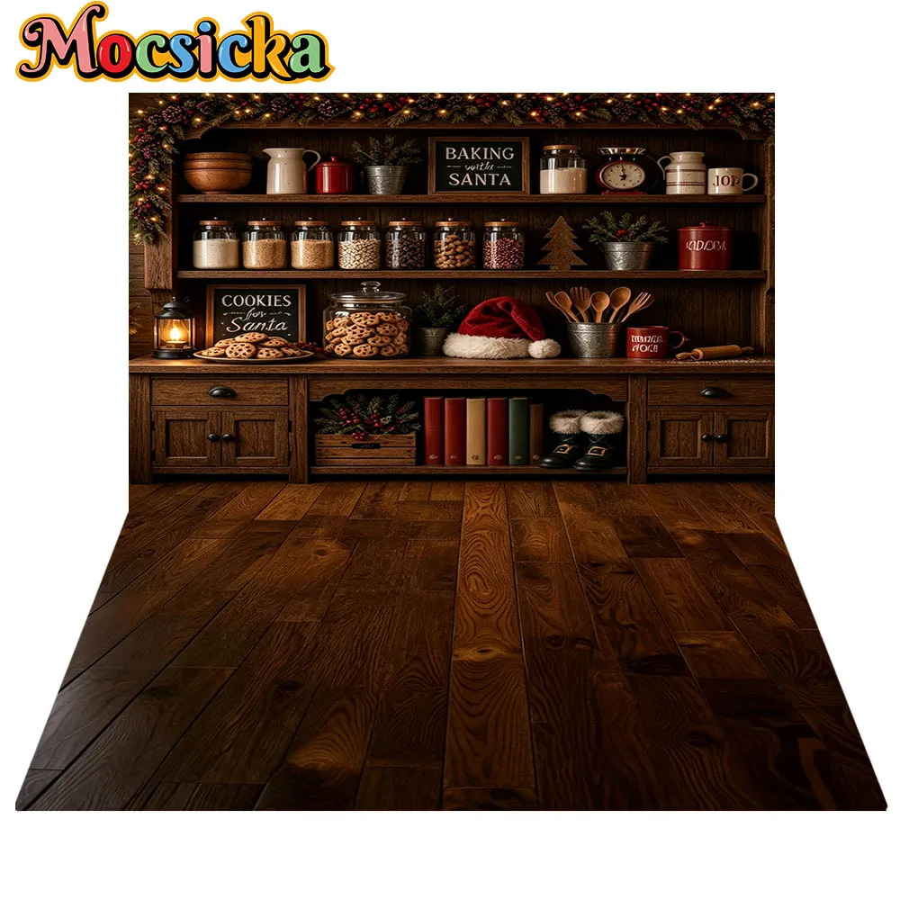 Mocsicka Christmas Baking With Santa Kitchen Backdrop Wood Shelf Cookies Xmas Decor Kids Portrait PhotoBooth Background Props