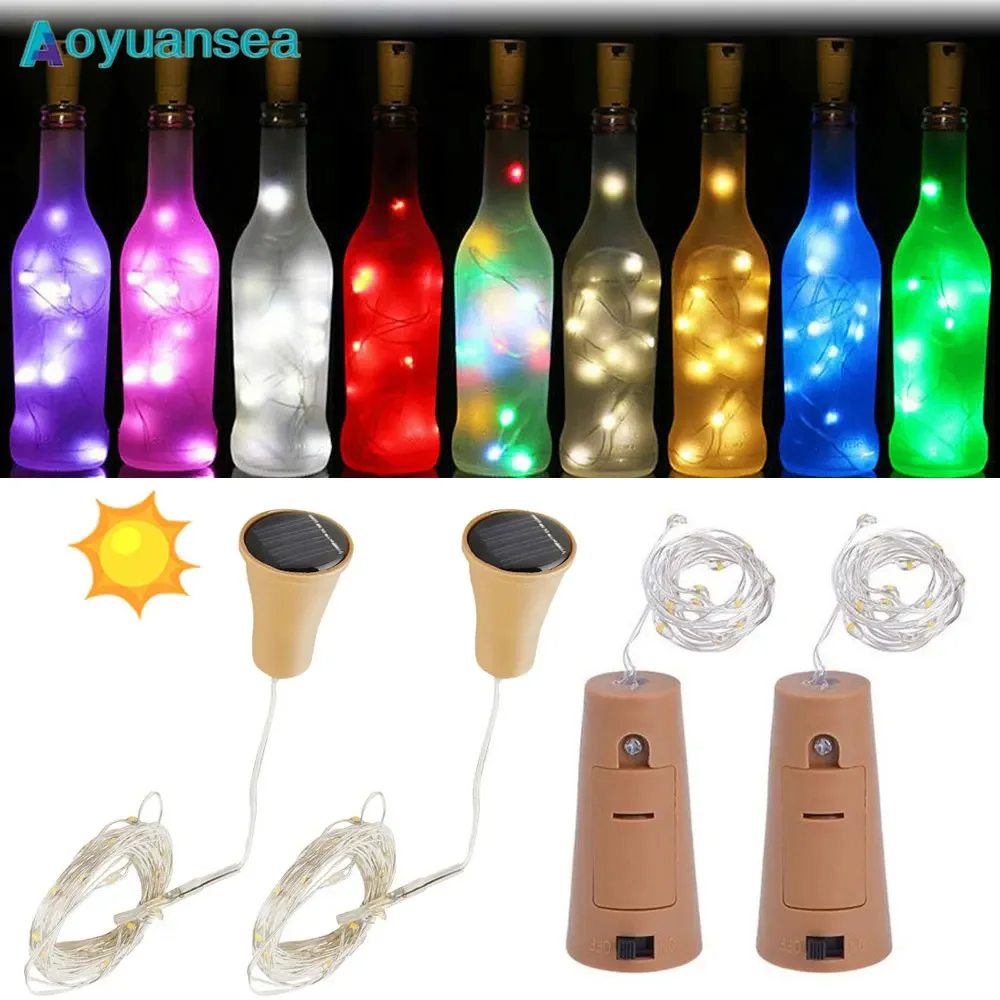 Aoyuansea-luz solar em forma de cortiça, guirlandas a pilhas, festão de fadas, luz LED para o Natal, casa, festa de casamento