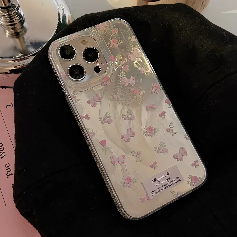 Luxury Laser Pink Rose Case For iPhone 11 12 Pro 13 14 15 16 Pro Max X XR XS Max 7 8 16 Plus SE2 Fundas Shockproof Soft Cover