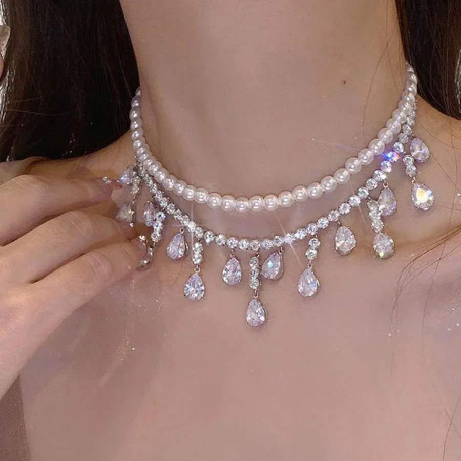 

Ailodo Elegant Imitation Pearl Necklace For Women Luxury Crystal Tennis Chain Waterdrop Pendant Tassel Necklace Fashion Jewelry