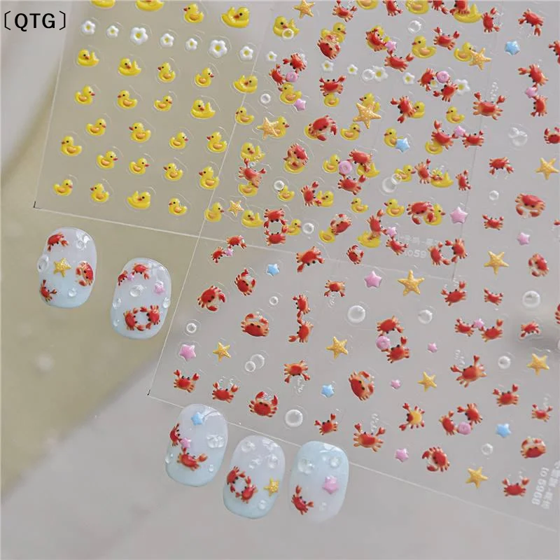 〔QTG〕3D Cartoon Nail Art Stickers With Cute Crab Duck Starfish Designs Self Adhesive For Home DIY And Professional Salon Use
