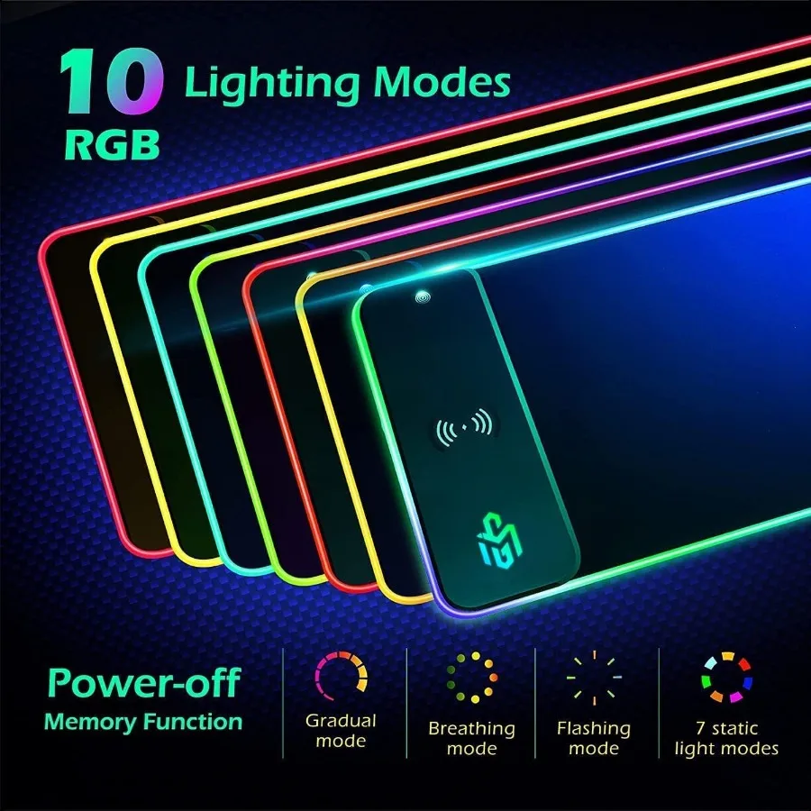 무선 충전 RGB 게이밍 마우스 패드 15W LED 마우스 매트 800x300x4MM 10가지 조명 모드 초대형 마우스패드 미끄럼 방지 고무 베이스 컴퓨터용