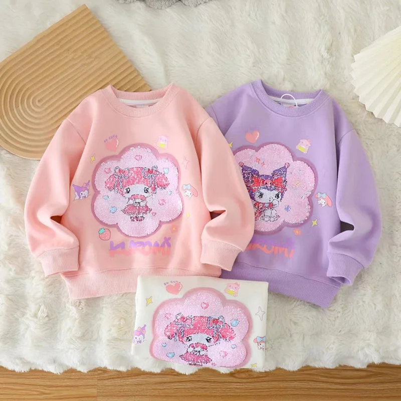 Kuromi Children Girl Pullover Autumn Clothing Cute Long Sleeve Sequins Change Pattern Tops Hoodie Cartoon Kids Girls Sweatshirt