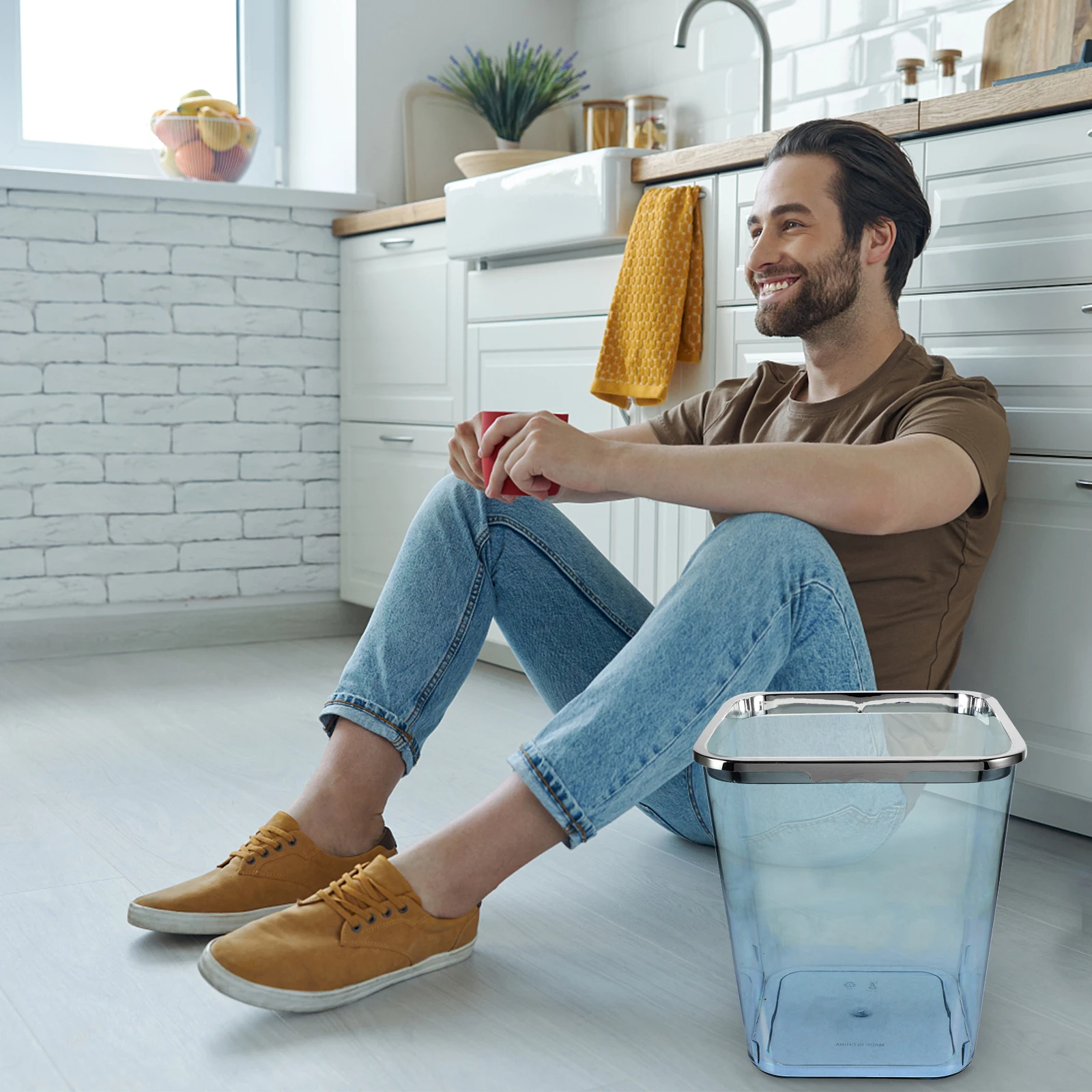 

Electroplated Clear Trash Can Large Capacity Kitchen Garbage Bin Household Office Waste Basket Multi Function Convenient
