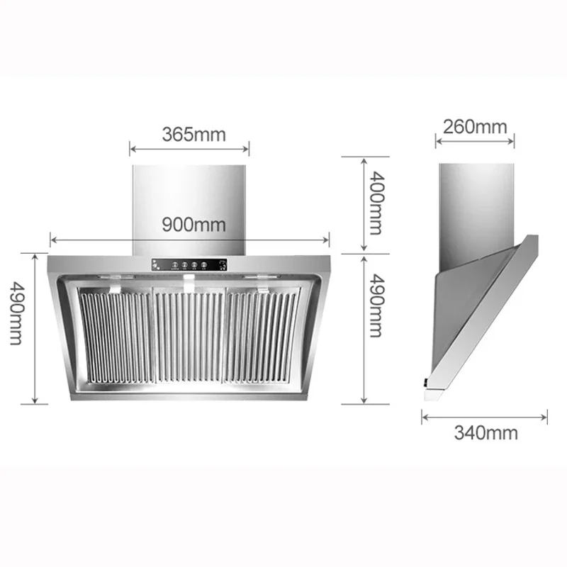 Campana extractora de succión lateral, Panel de acero inoxidable montado en la pared para el hogar, fácil de limpiar