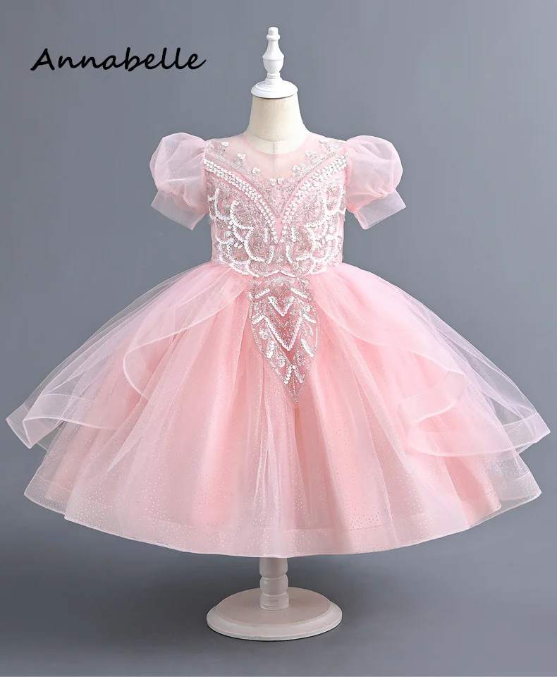 Annabelle Flower Girl Long Dress Puffy Flower Baby Wedding Cute Short Sleeve Dress Priness Girl Bow Birthday Party Dresses