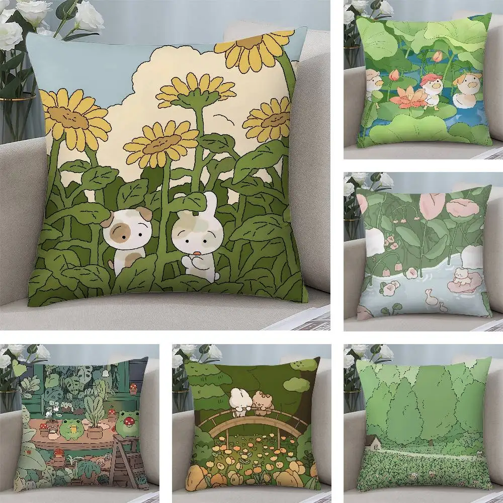 

Green Plant Cat Pillow Case Plush Fabric Soft Pillowcase Double Sided Print Cushion Cover Household Gifts
