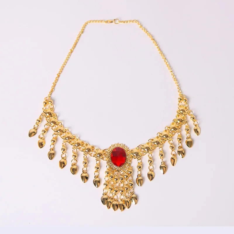 6-delige set rode strass kwastje hoofddeksels oorbellen ketting armband Indiase stijl sieradenset voor dames en kinderen