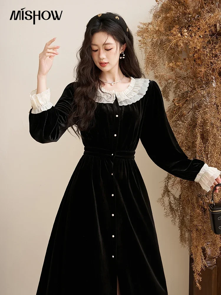 MISHOW Elegant and Pretty Women's Dresses 2024 Autumn Winter French Vintage Button Down Hepburn Style Velvet Dress MXC51L1623