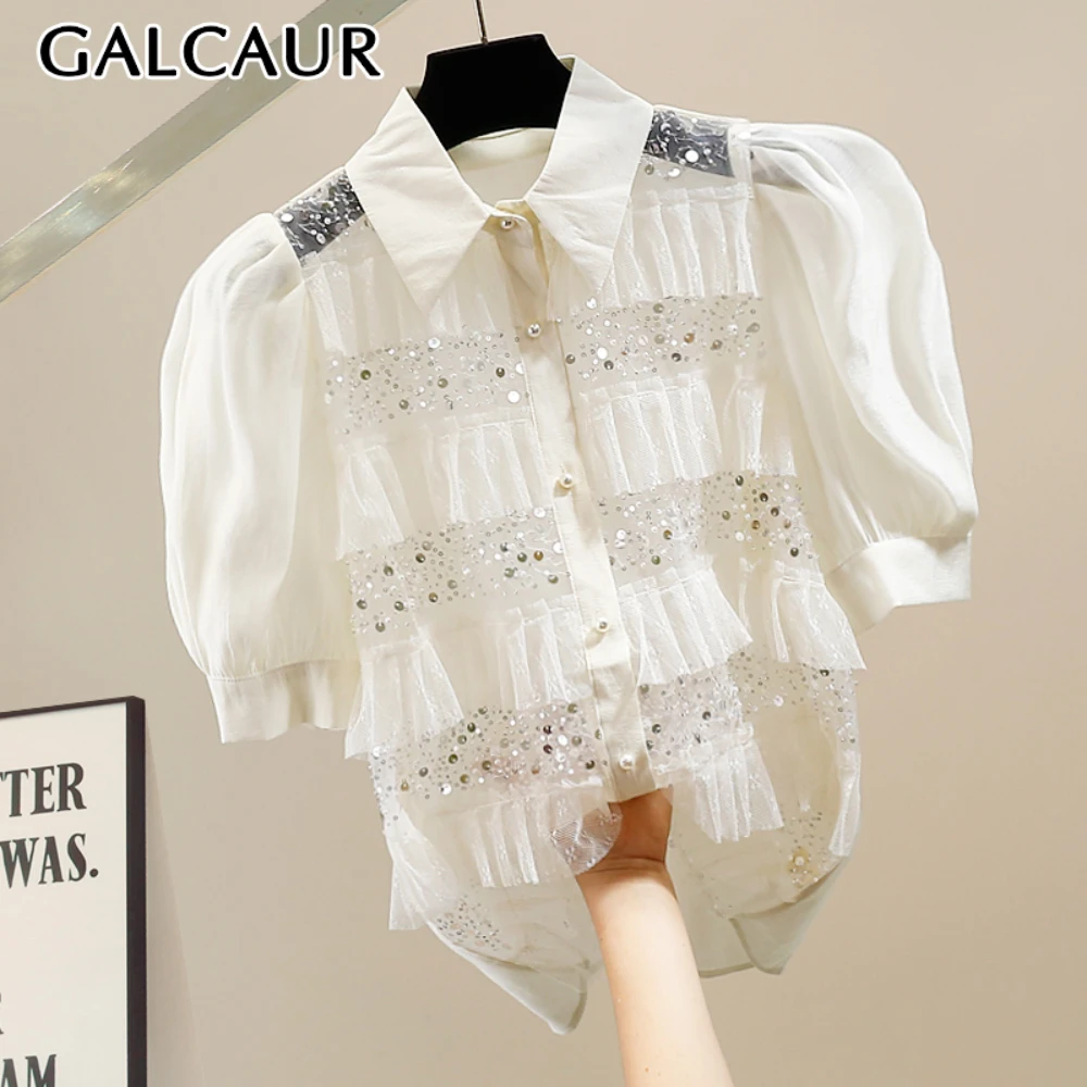 

GALCAUR Solid Loose Spliced Sequins Blouses for Women Lapel Short Sleeves Patchwork Single Breasted Top Female Elegant Clothing