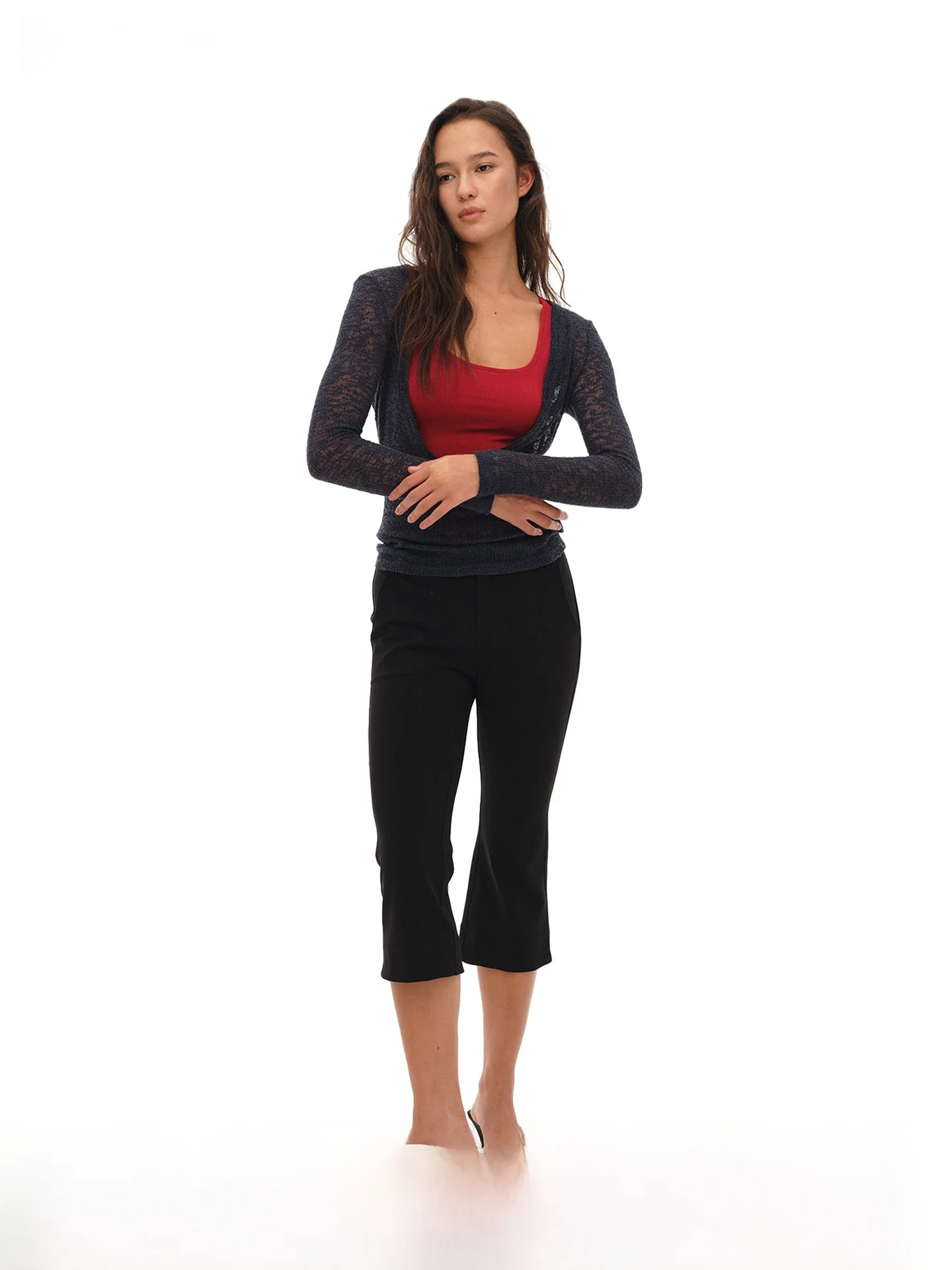 

Gowireless High Elastic Black Seven-Foot Pants Loose Waist Slim Fit Casual Trousers Micro Flared Ladies Fashion Nylon Fabric