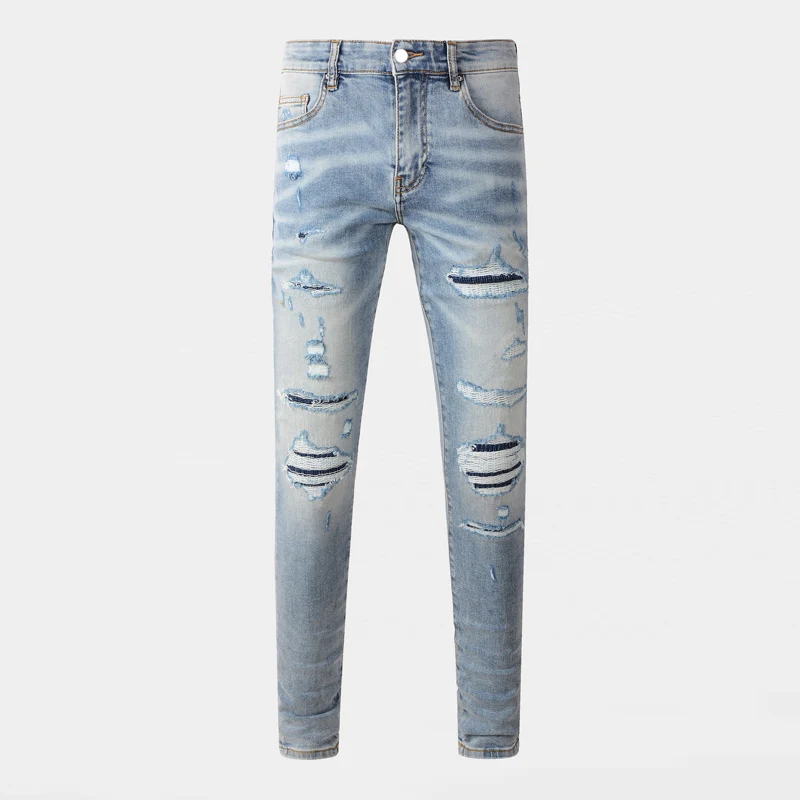 

High street designer fashionable new style washed water nostalgic elastic slim fit perforated black leather patch jeans hip-hop