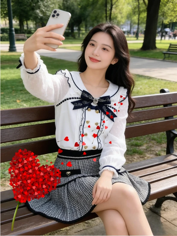 

2026 New Sweet Girl White Versatile Top Japanese Lolita Style Mass-produced Embroidered Bow Navy Collar Long Sleeve Shirt