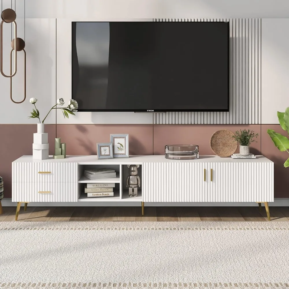 White Modern Stand for TV Up to 77' Versatile Cabinet with 5 Champagne Legs, 4 Invisible Storages and 3 Open Shelves, 70.9