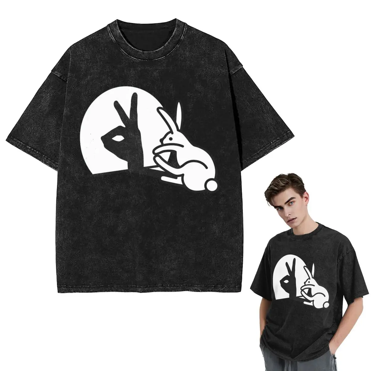 

Уличная одежда Футболки Забавный кролик Тени для рук Куклы Юмор Поп-арт Промытая футболка с коротким рукавом Хип-хоп Топы Футболки для мужчин и женщин