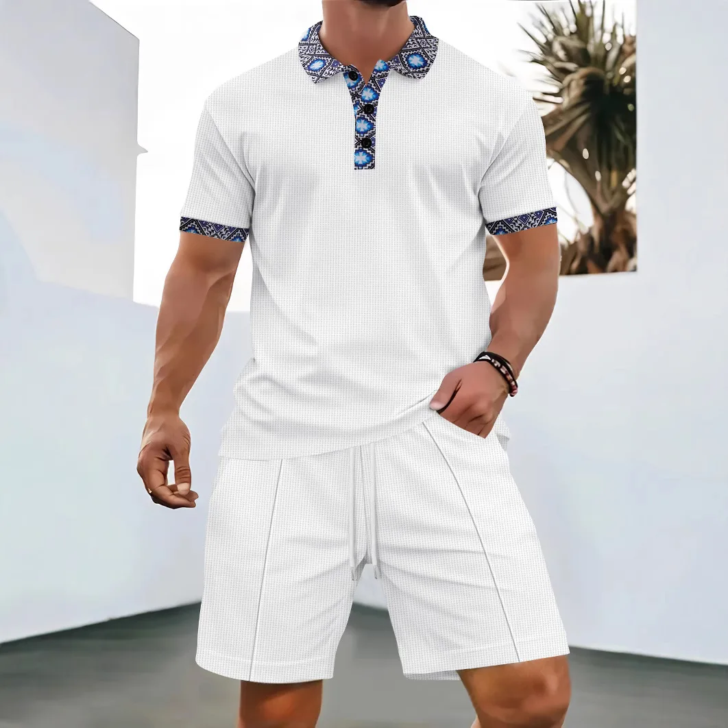 

Men Casual Two Piece Set Waffle Knit Polo Shirt and Shorts Ethnic Pattern Trim Short Sleeve Summer Outfit Streetwear Tracksuit
