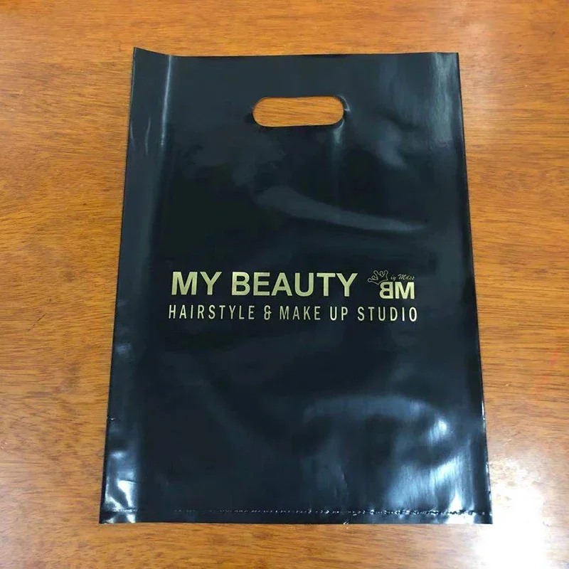 100 Stück Kunststoff-Einkaufstaschen mit individuellem Logo und Griff, Kunststoff-Schmuckbeutel, Verpackung, Geschenkträger, Griff, Wäschebeutel mit