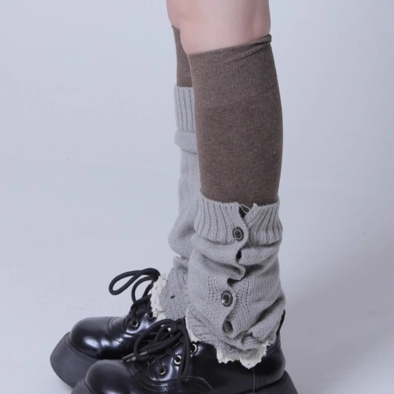2025 Autumn New Gray Knitted Elastic Calf Women's Socks Retro Design Sweet Versatile Slimming Y2K Subculture Leg Warmers Ladies