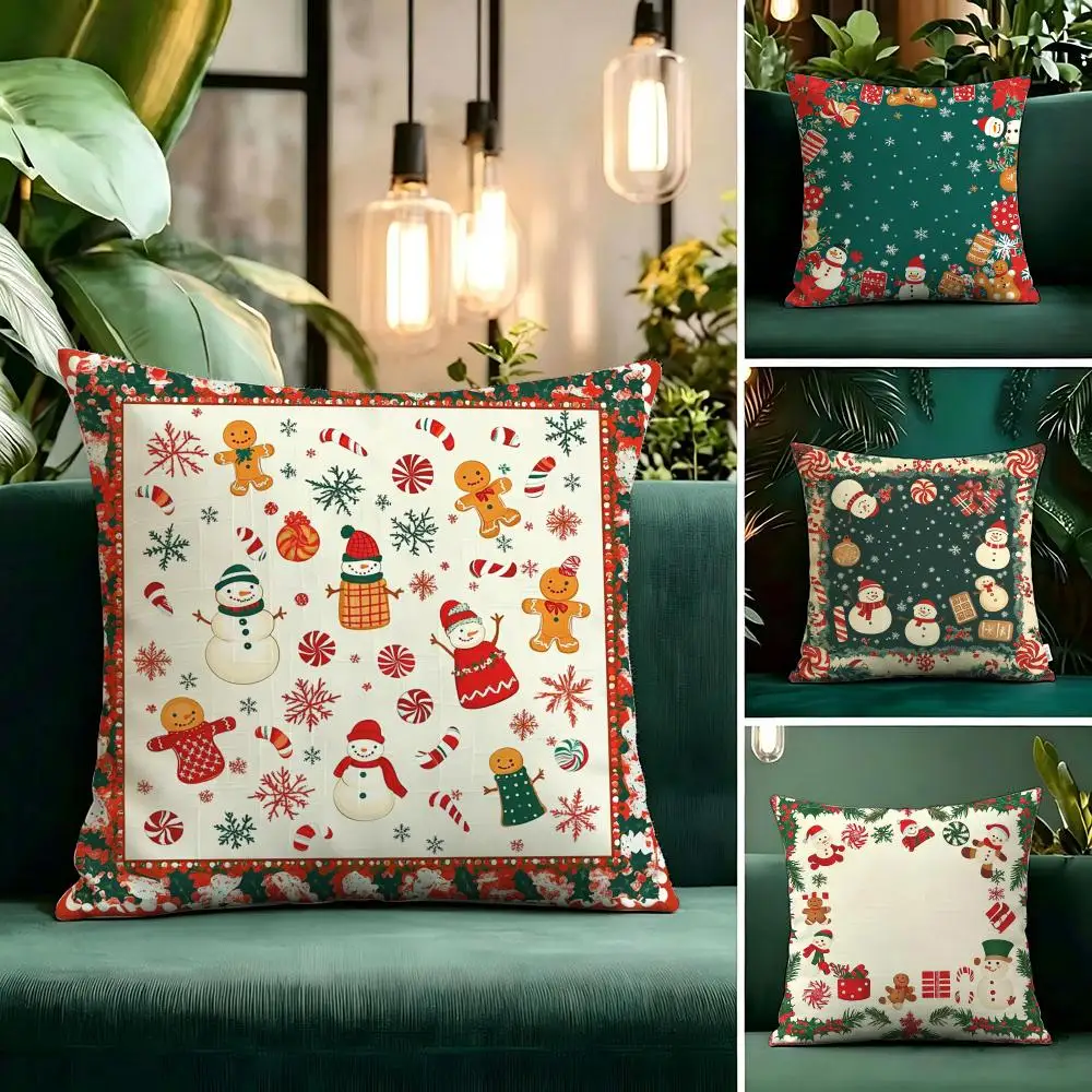 V-Vintage Christmas Cushion Cover Linen Pillow Cover Invisible Zipper para Sofa Silla de Oficina