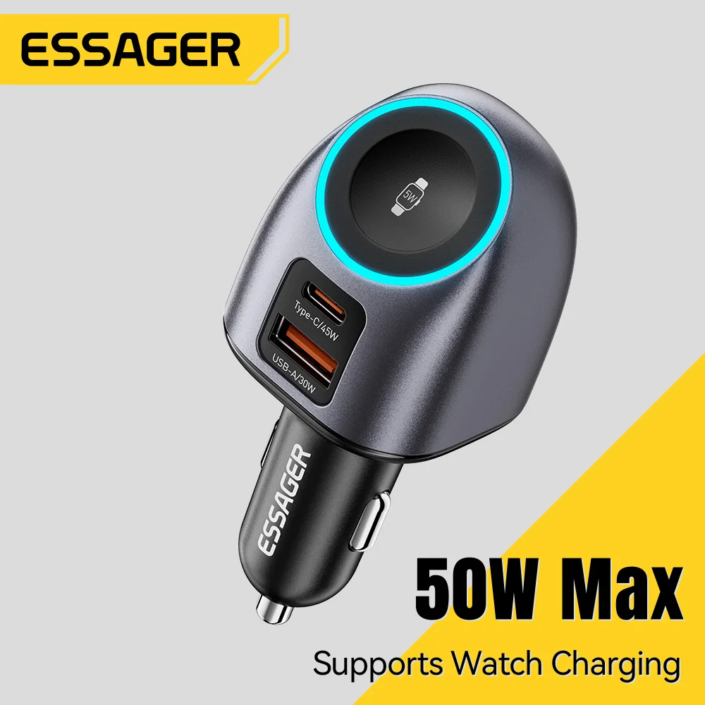 Essager 50W 2 In 1 USB C Car Charger With Watch Charging 2 Ports PD3.0 QC4.0 Car Phone Charger For Apple Watch iPhone 17 16 15