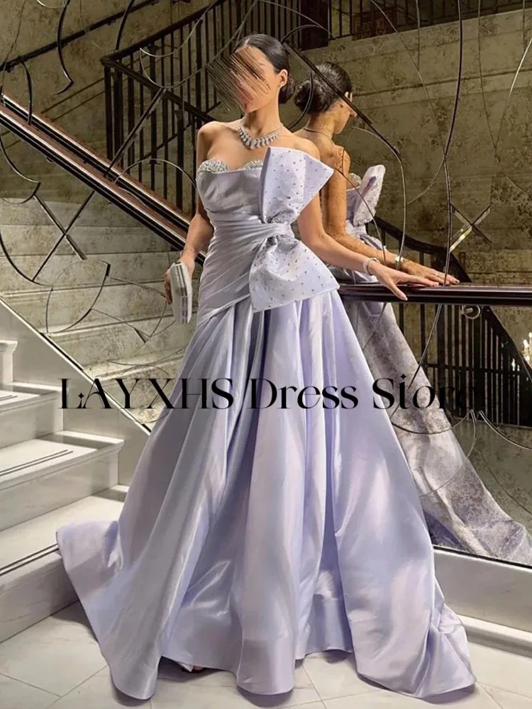 LAYXHS Abiti da sera con scollo a cuore di lusso A-Line Abiti da ballo con pieghe con fiocco in rilievo lucido Abiti personalizzati