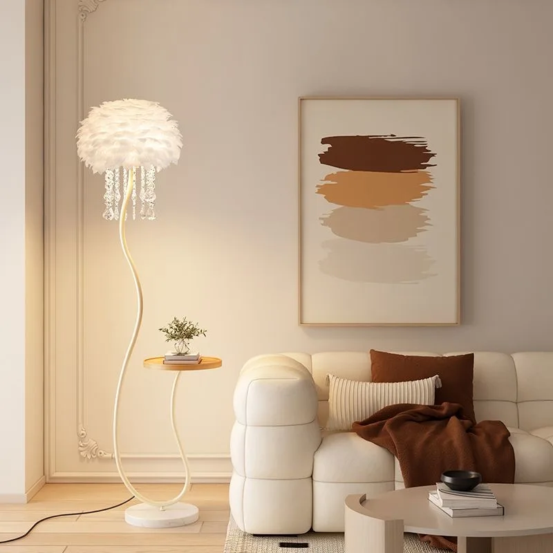 Nordic Crystal Tassel Feather LED Floor Lamp Living Room Bedroom Study Creative Storage Table Romantic Atmosphere Standing Light