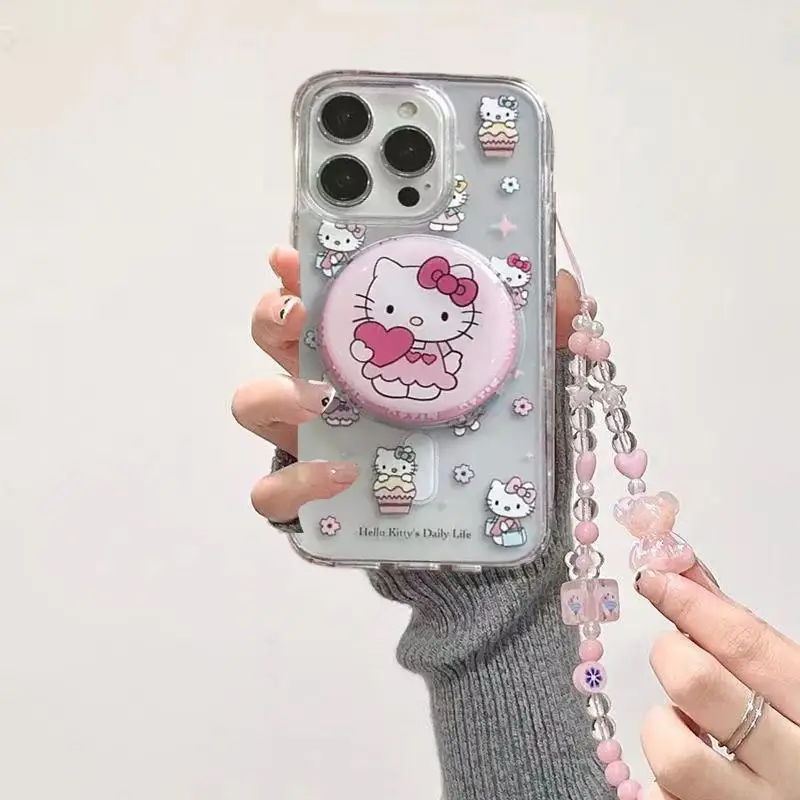 Hello Kitty Magnetic Grip Tokผู้ถือไร้สายสําหรับiPhone 16 15 14 Plus 12 Pro Max 13 Mini Hard Chain Lanyard