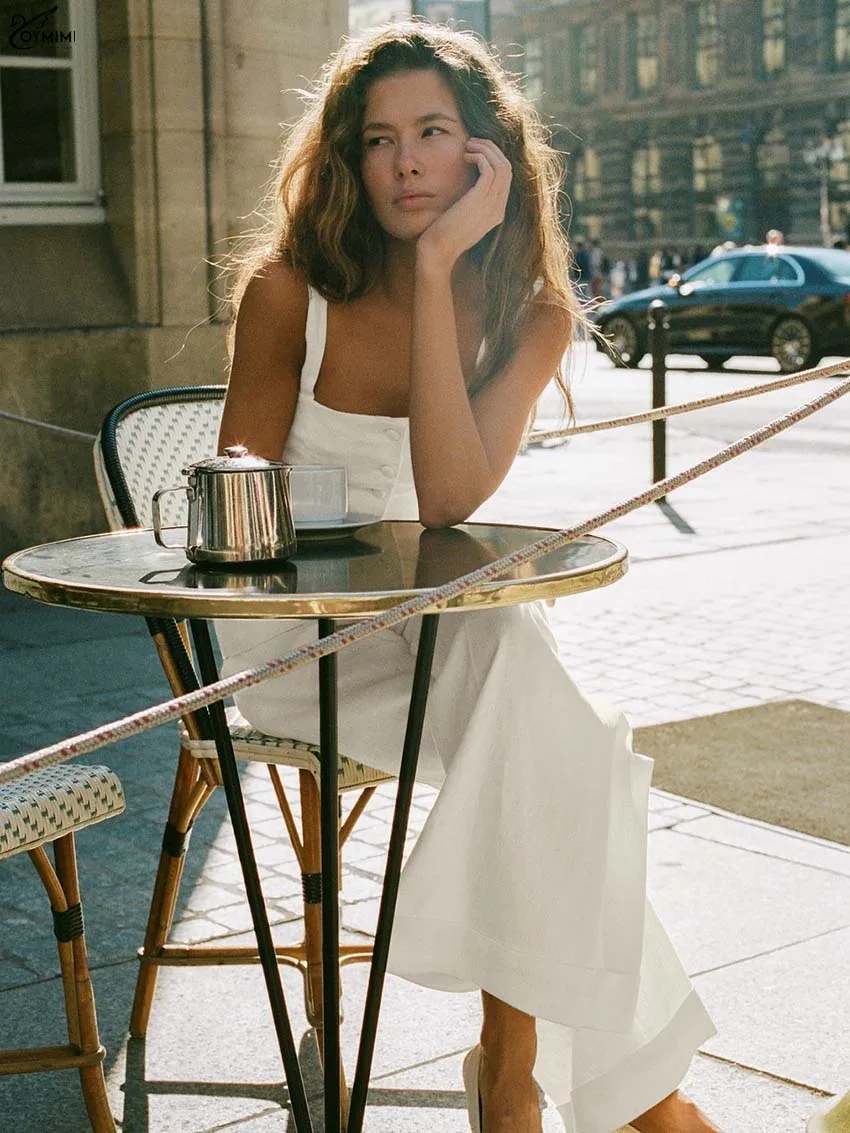 Oymimi Elegant Apricot Cotton 2 Piece Sets Woman Outfit Fashion Spaghetti Strap Single Breasted Shirts And Pockets Trousers Sets