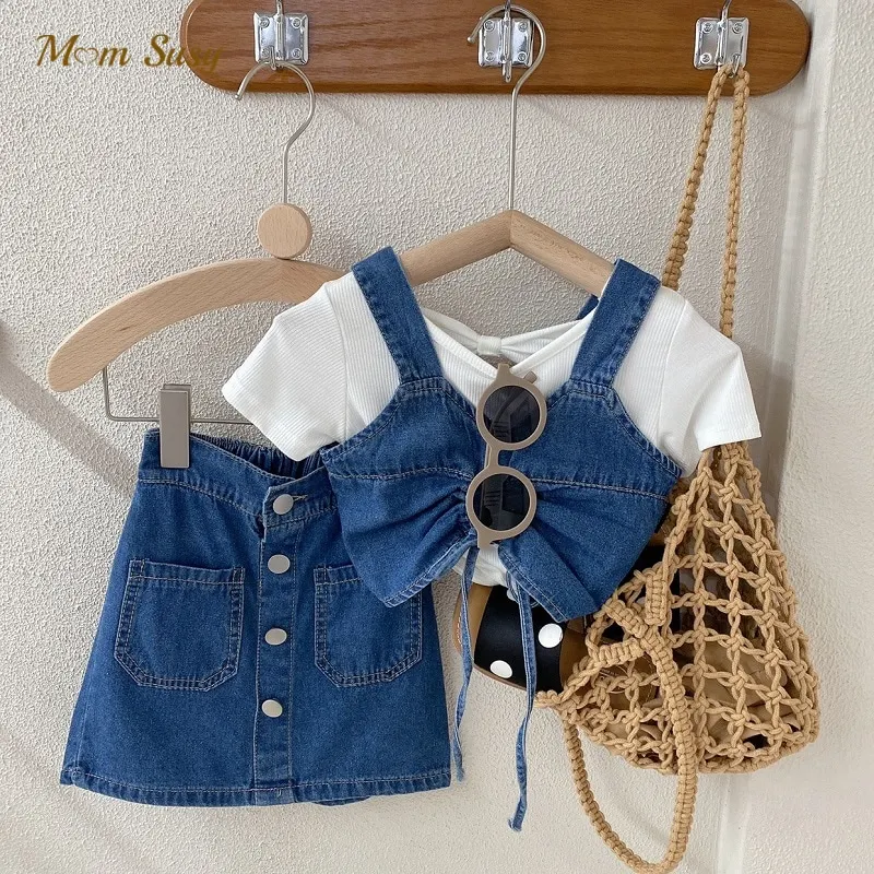 Fashion Baby Girl Denim Clothes Set Strap Vest+Skirt 2PCS Kid Jean Drawing String Crop Top Suit Outfit Baby Clothes 2-10Y