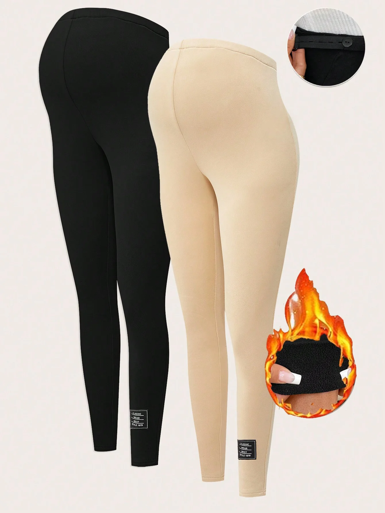 Pregnant women wear high-waisted yoga pants that support the abdomen over leggings
