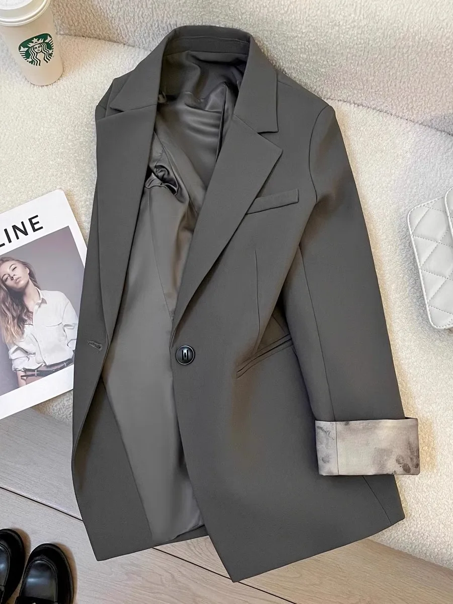 Women's Grey Oversize Blazer Jacket Office Ladies Suit Coat Y2k Harajuku Long Sleeve Outerwear 2000s Vintage Clothes Autum 2025