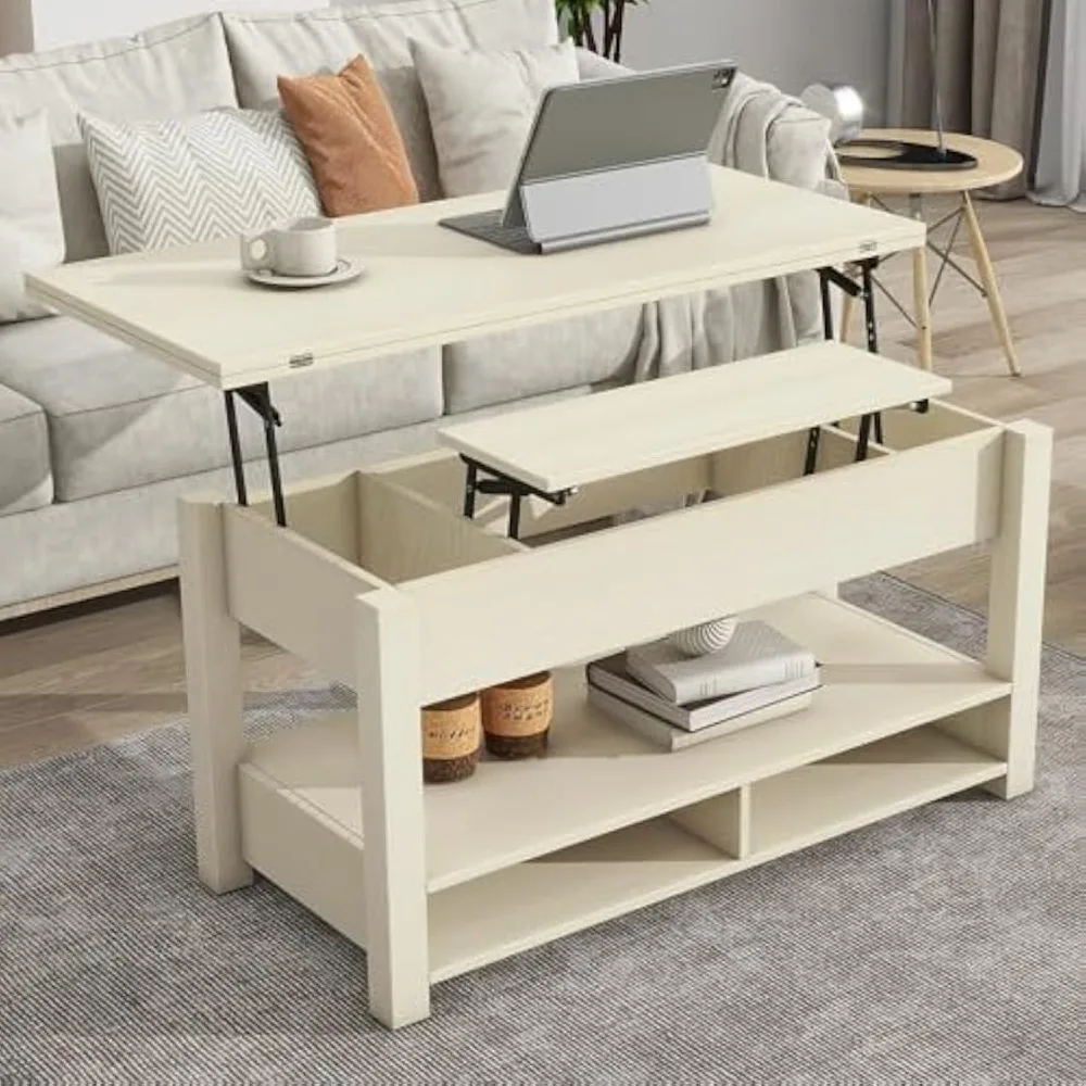 Coffee Table Lift Top with Open Shelves, Overall: 41.7''W x 39.4''D x 25.2''H, Modern Contemporary Rectangular Wood Glossy Shelf