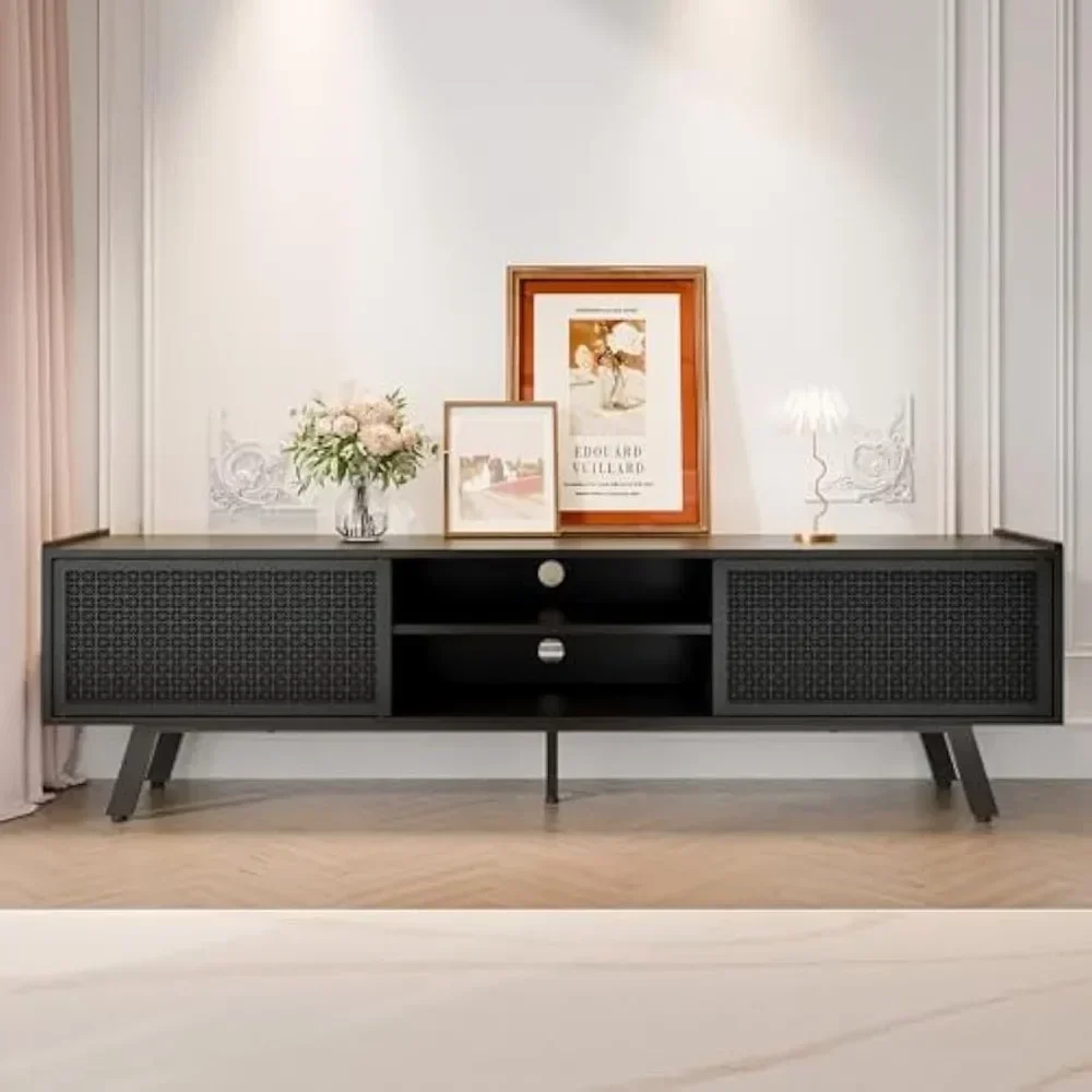65 TV de 70 polegadas, console de TV moderno de vime de ferro com porta deslizante, console de mídia para sala de estar e quarto