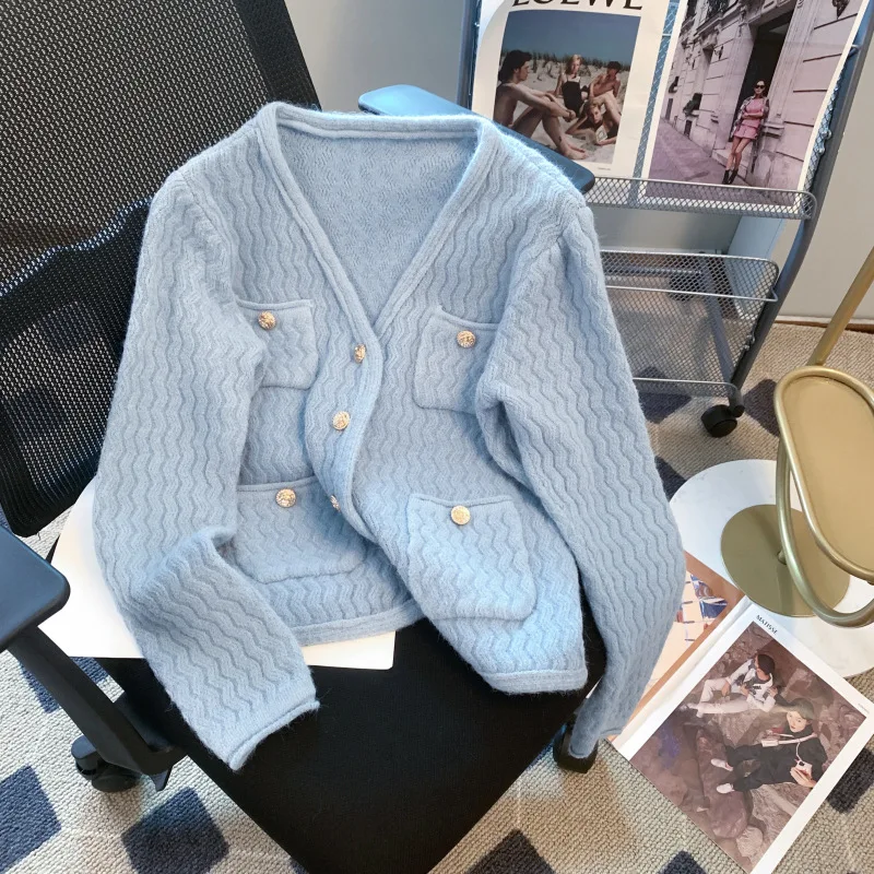 女性用Vネックショートシックニットカーディガン,セーターコート,レッド,スカイブルー,ベージュ,ピンク,秋,新品,2024