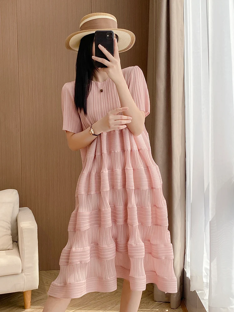 

Summer Floral Print Midi Dress Women's Pure Color Versatile Short Sleeve round Neck Pleated Bloom Straight Cut Silk Blend Dress