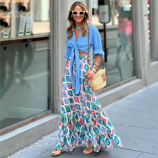 Faldas florales largas bohemias para mujer, falda informal holgada, cintura elástica, dobladillo grande, ropa de playa para verano y otoño
