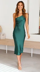 Solid Color One Shoulder Spaghetti Strap Slim Party Dresses Women Folds Backless Leace-up Package Hip Bodycon Lady Evening Dress