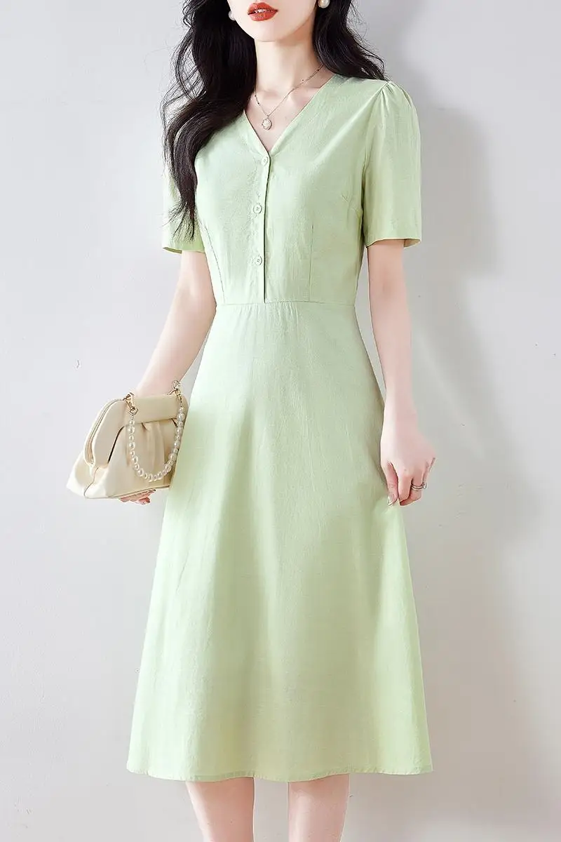 Robe mi-longue en lin pour femmes, tenue fluide de Style français, col en v, pour les vacances à la plage, élégante et amincissante, nouvelle collection été 2025