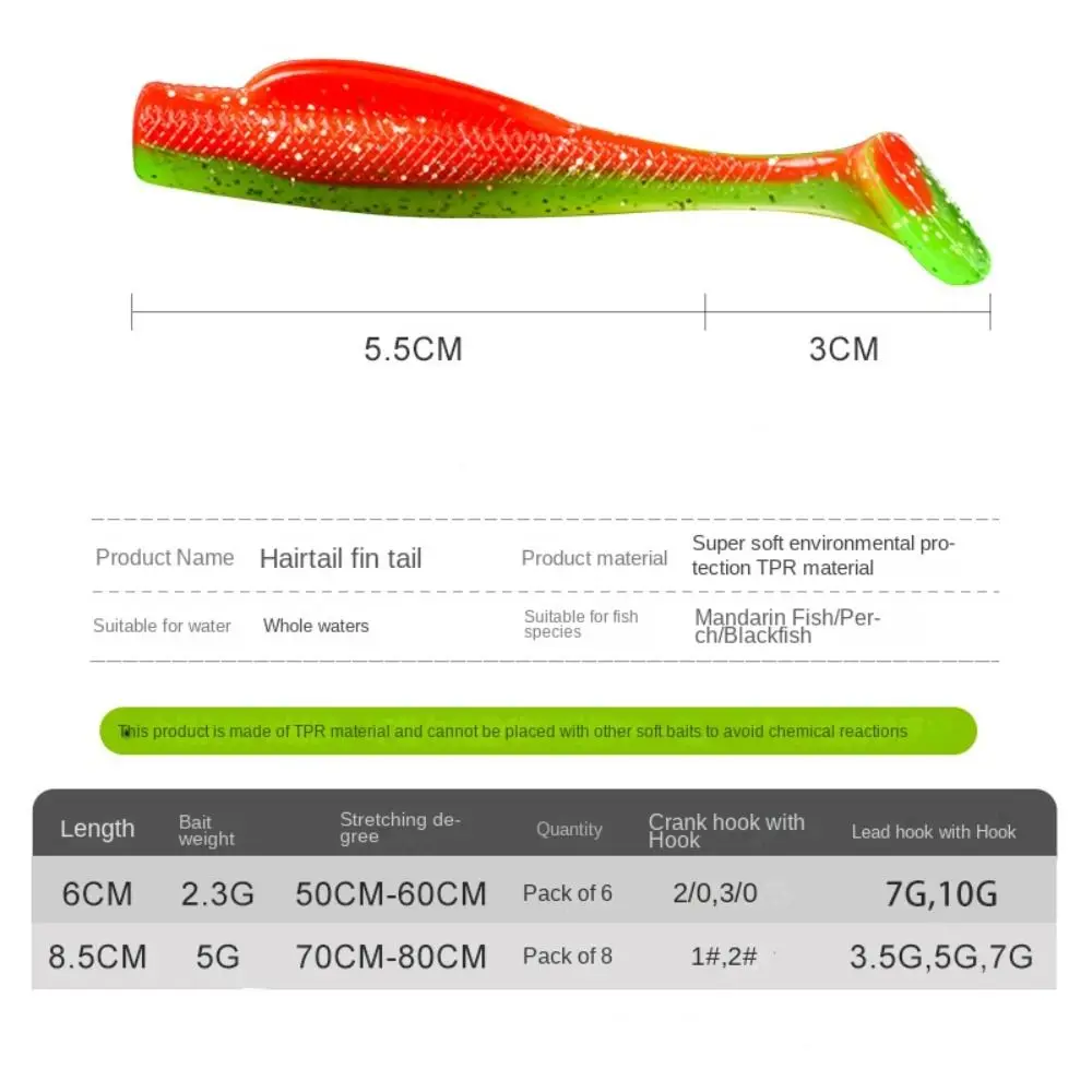 1 pack 6/8.5cm T-Tail Swim Lures Silicone Soft Worm Artificial Bait Set Colorful Simulation Soft Lure Silicone Bait Freshwater