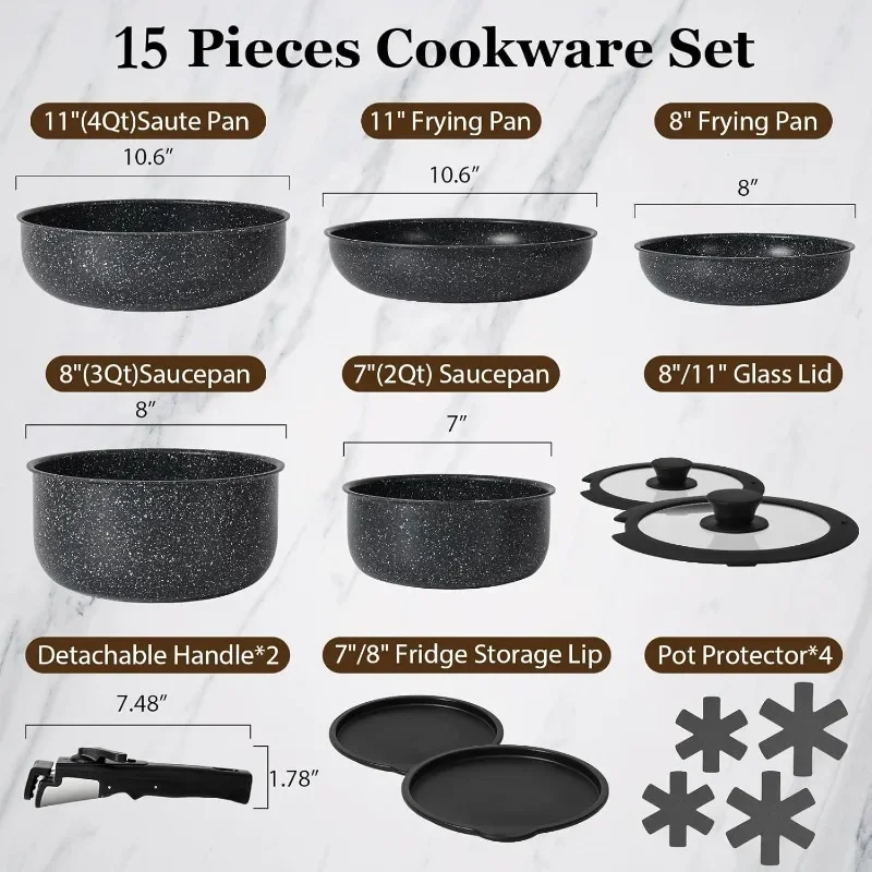 15Pcs Pots and Pans Set Non Stick, Cookware Sets with Detachable Handle, Nonstick RV Kitchen Cooking Set Removable Handles