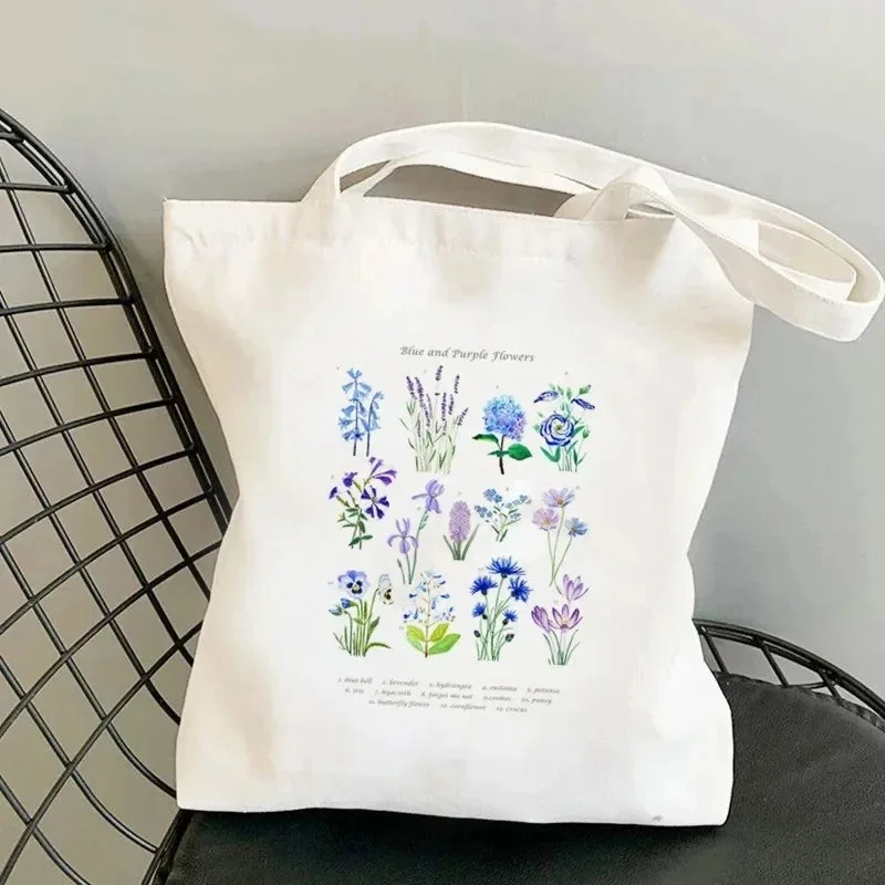 Blue Purple Wildflower Canvas Tote Bag Botanical Flower Chart Print Reusable Shoulder Bag Cottagecore Plant Shopping Handbag